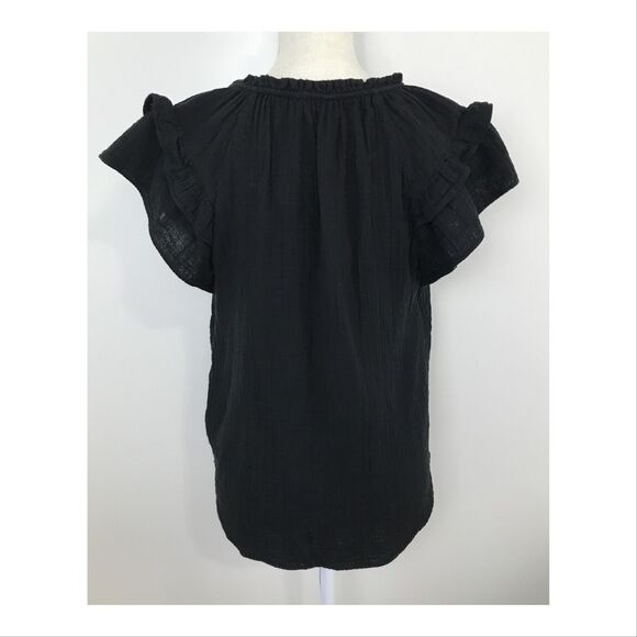Gap Women Blouse Small Tall Tie Front Flutter Cap Sleeve Gauze 100% Cotton Black - Picture 3 of 8